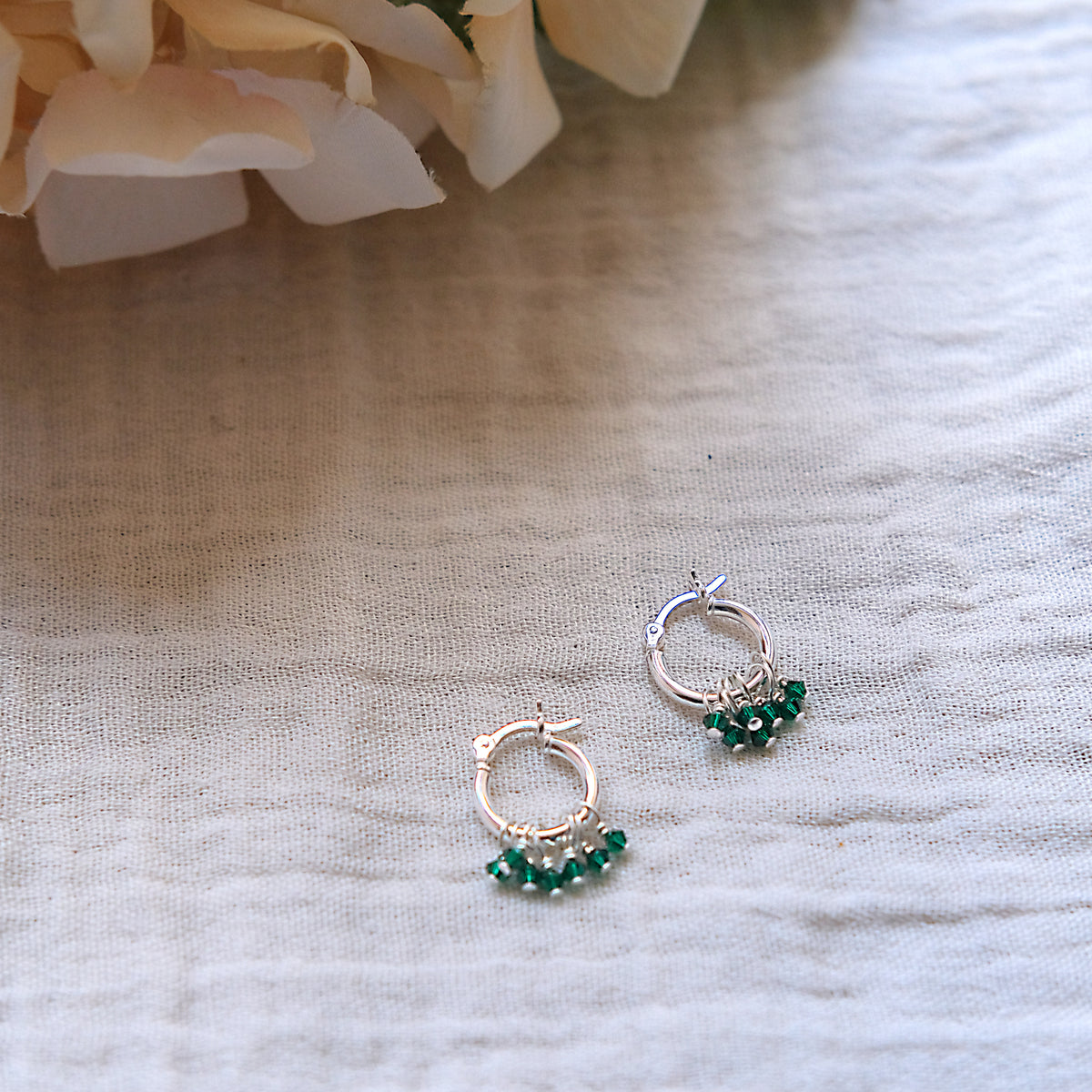 Emerald Green Swarovski Crystal 15mm Hoop Earrings - Sterling Silver