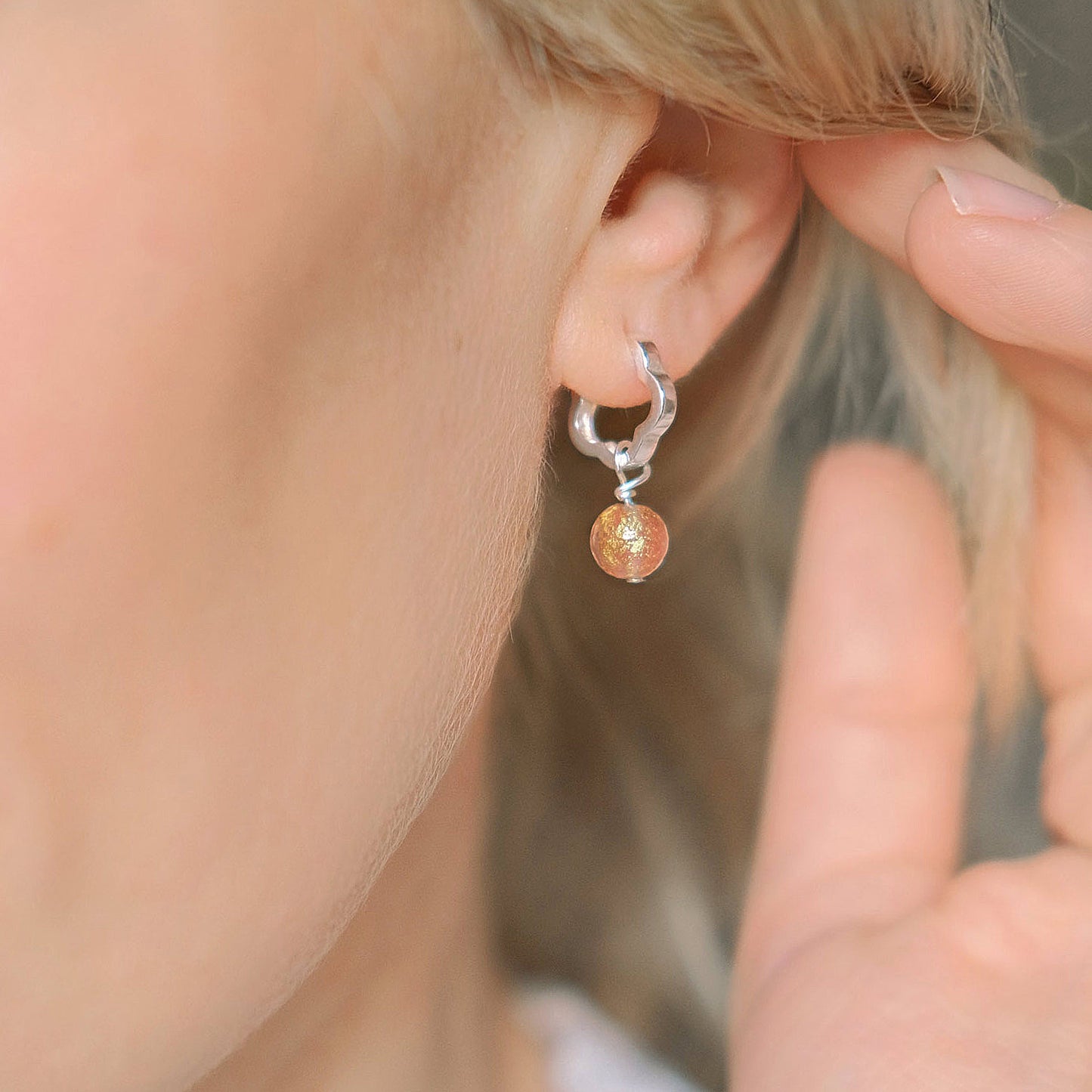 Flower Shaped Bubble Hoop Beaded Earrings - Pink/Sterling Silver