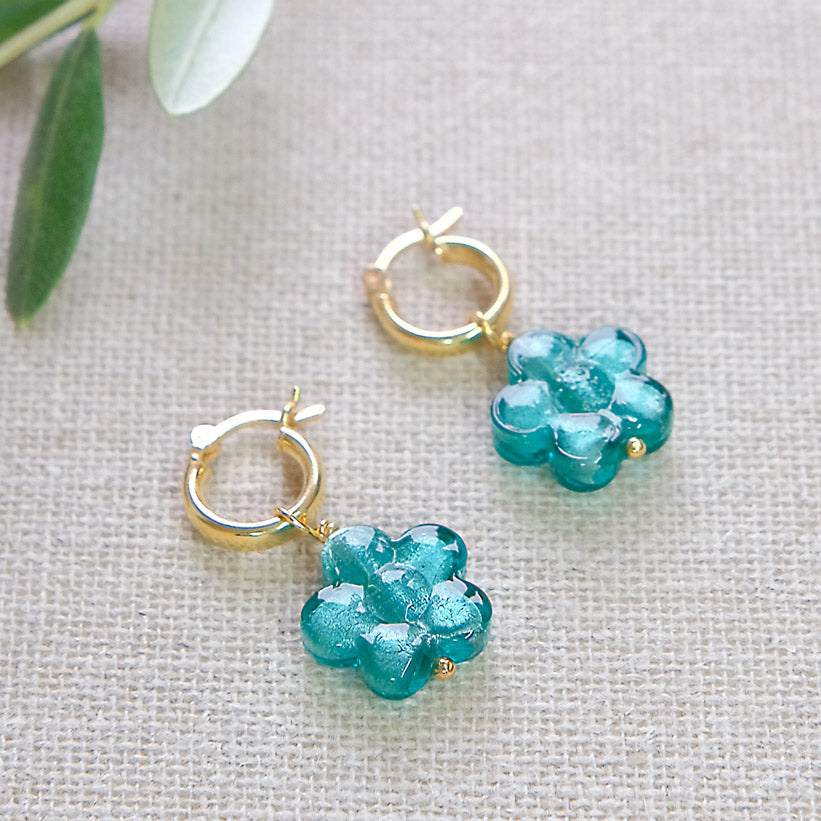 Teal Flower Earrings - Gold Plated