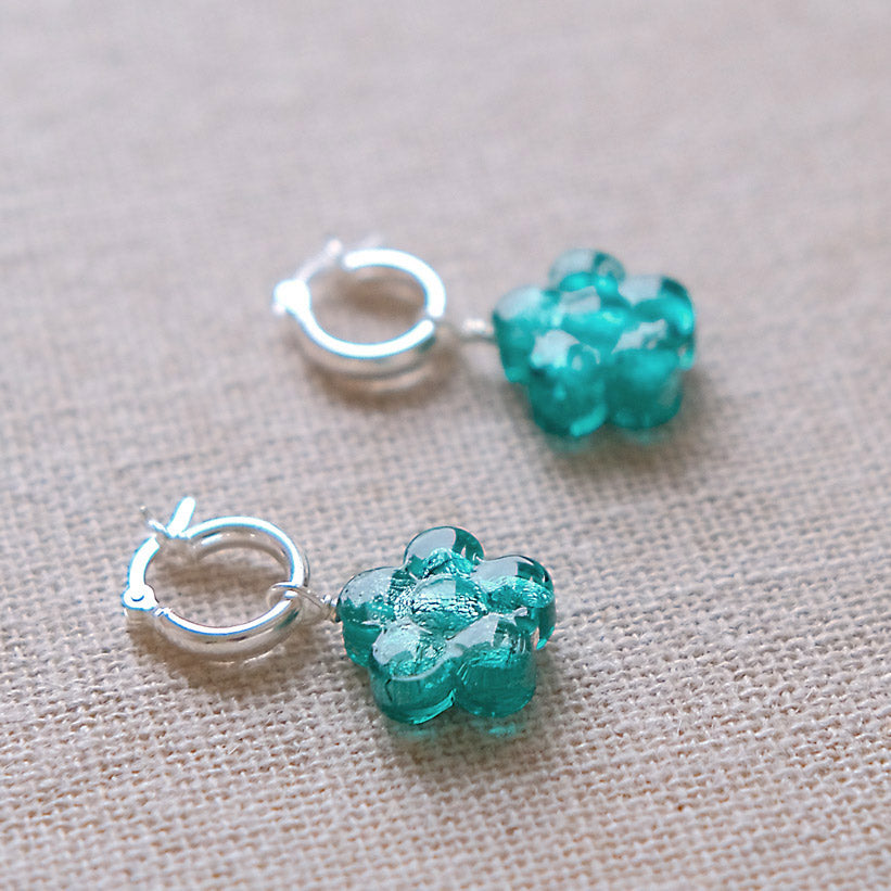 Teal Flower Earrings - Sterling Silver