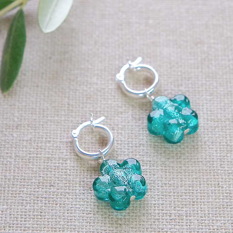 Teal Flower Earrings - Sterling Silver
