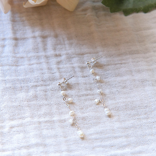 Freshwater Pearl Stud Drop Cascade Earrings - Sterling Silver SSF