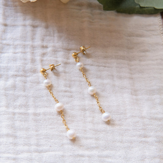 Freshwater Pearl Stud Drop Earrings - Gold