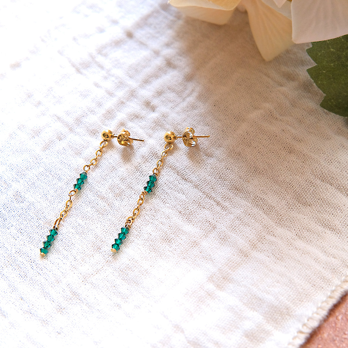 Emerald Green Swarovski Stud Earrings - Gold