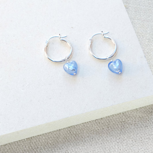 Blue Heart Hoop Earrings 18mm - Sterling Silver