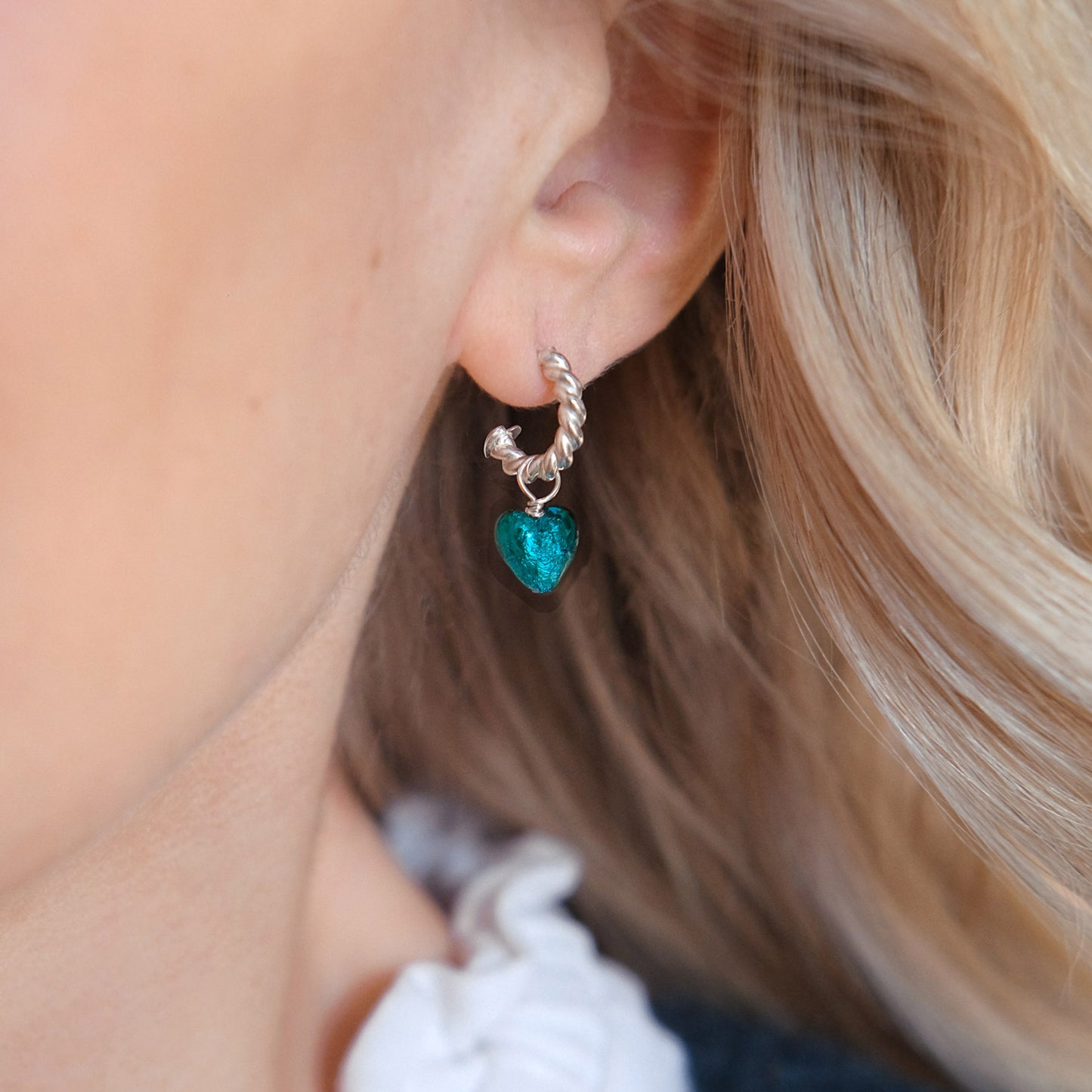 Heart Hoops 'Love Mi Amorè - Teal/Sterling Silver