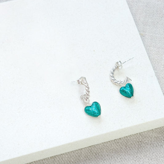 Heart Hoops 'Love Mi Amorè - Teal/Sterling Silver