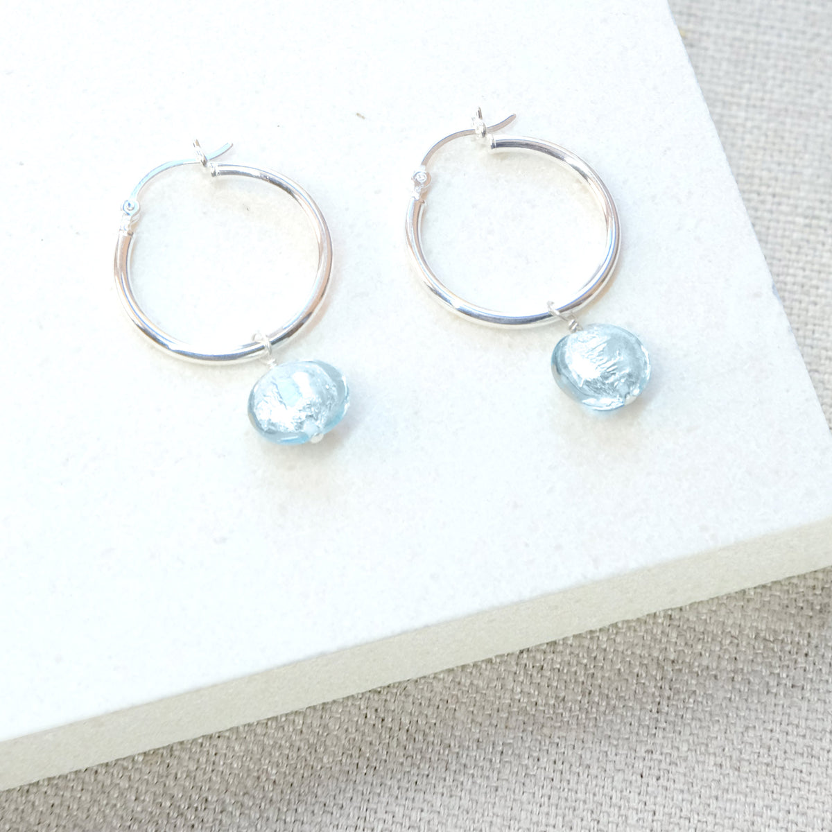 Moon Rock Hoop Earrings 25mm - Aquamarine/Sterling Silver