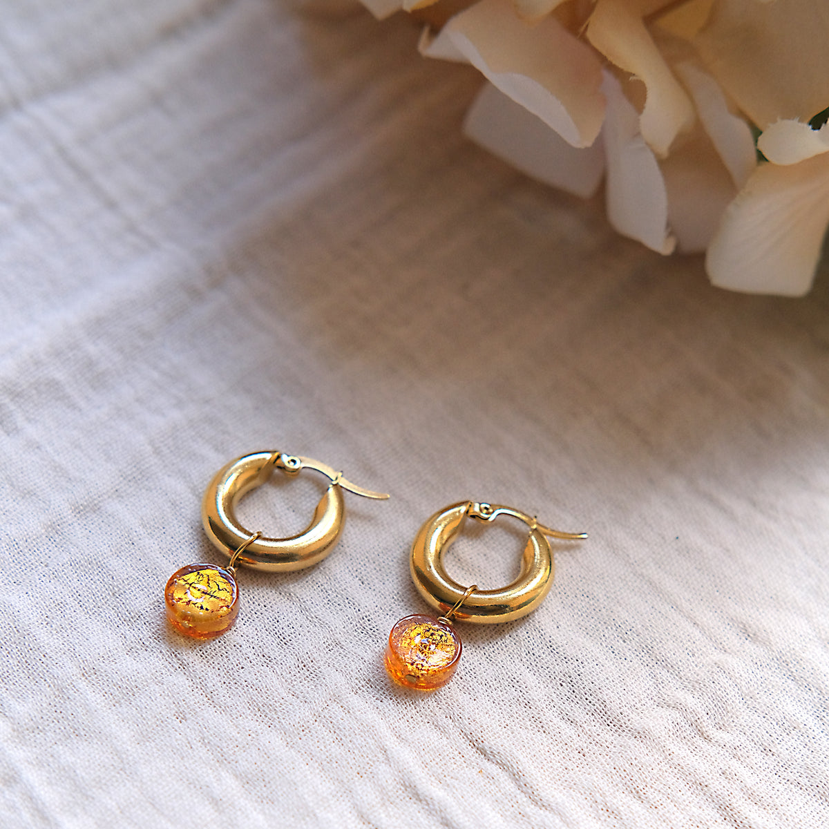 Chunky Murano Glass Hoop Earrings 15mm - Gold