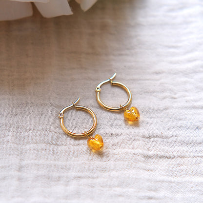 Heart Murano Glass Hoop Earrings 19mm - Gold