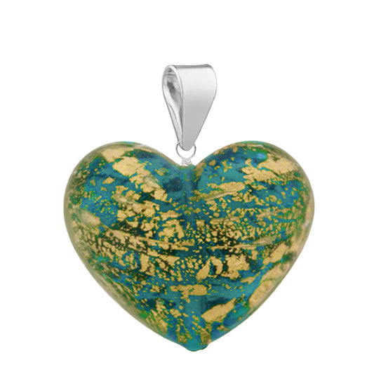 Murano Glass Pendant 19mm Heart - Turquoise/Gold/Sterling Silver