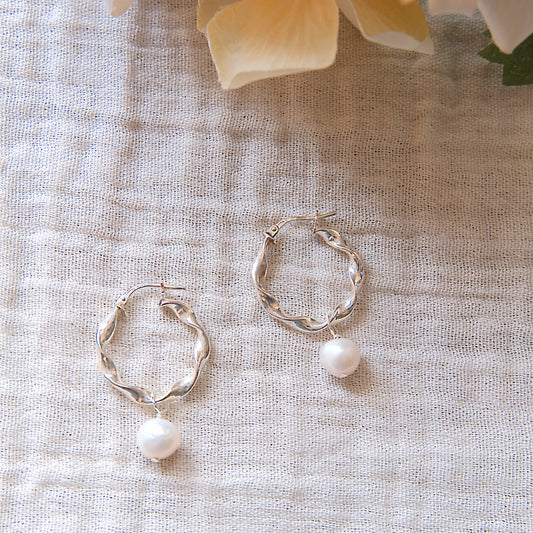 Freshwater Pearl Twisted Hoop Earrings - Sterling Silver