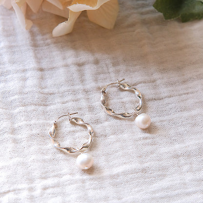 Freshwater Pearl Twisted Hoop Earrings - Sterling Silver