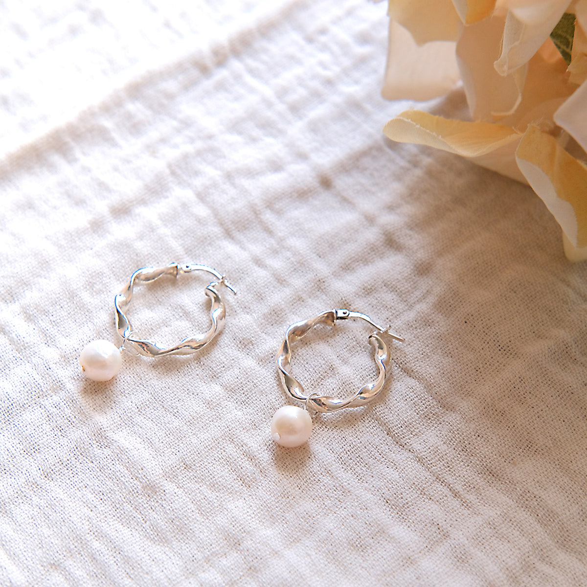 Freshwater Pearl Twisted Hoop Earrings - Sterling Silver