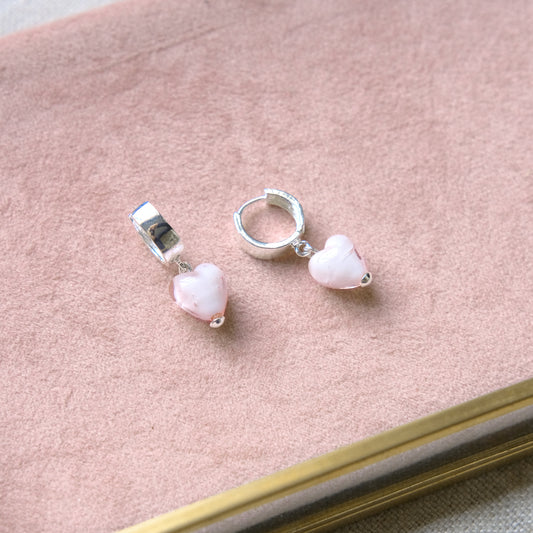 Pink Heart Hoop Earrings - Sterling Silver