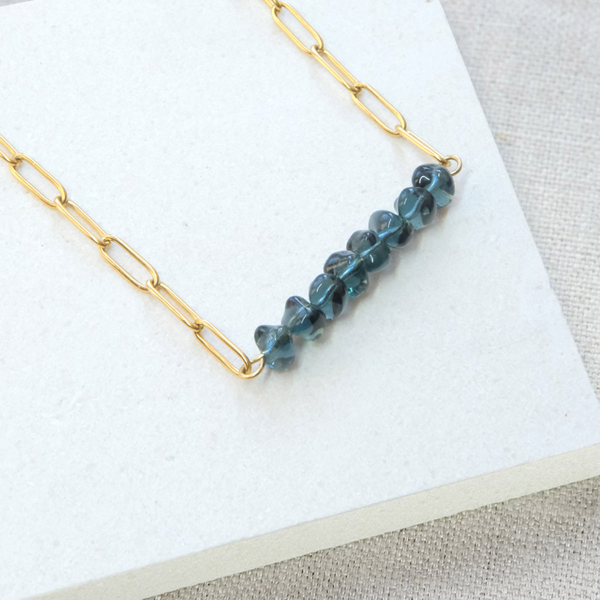 Blue Nugget Paperclip Chain Necklace - Stainless Steel