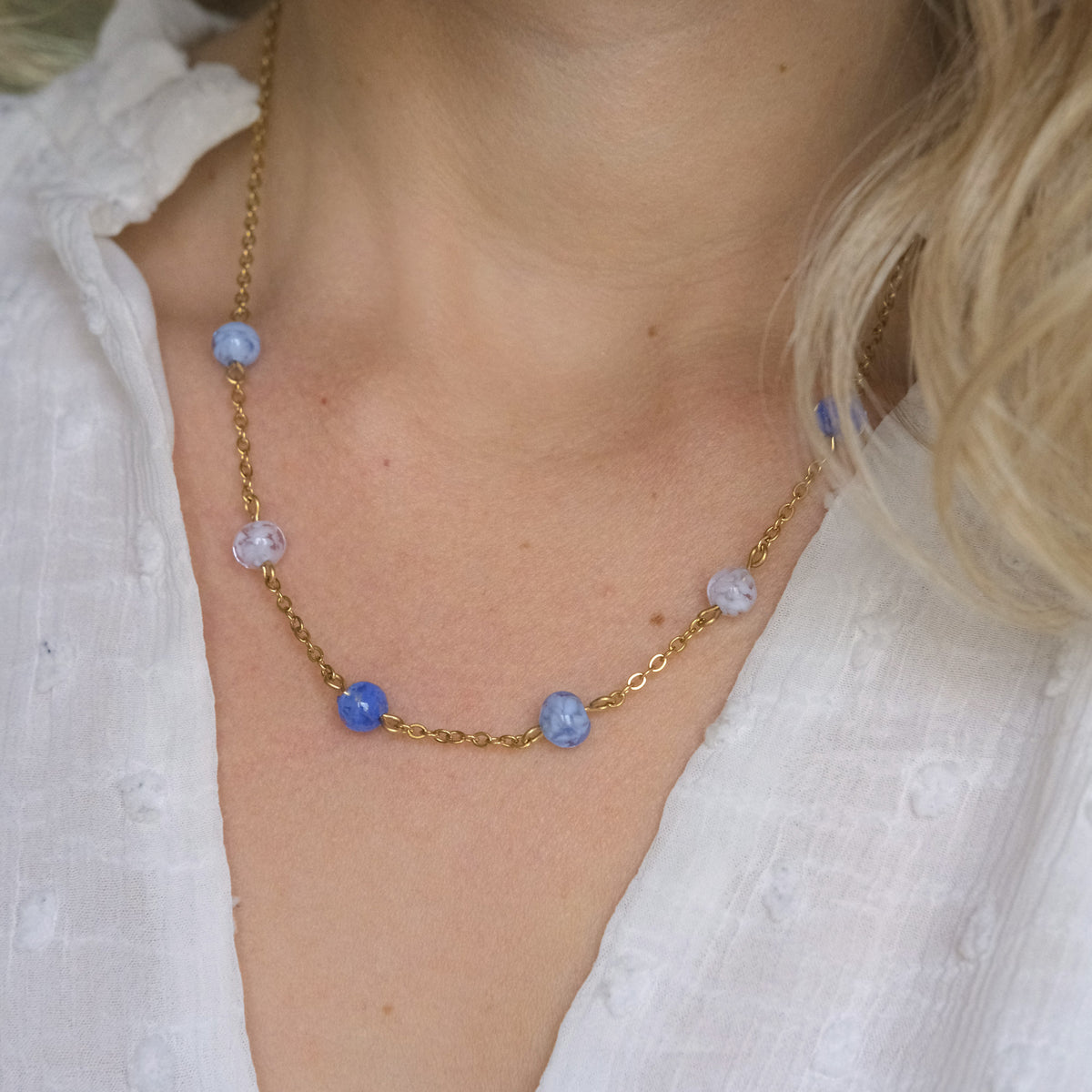 Sky Dancer Pom Necklace - Blue Mix/Gold
