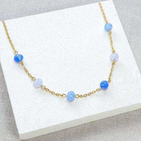 Sky Dancer Pom Necklace - Blue Mix/Gold