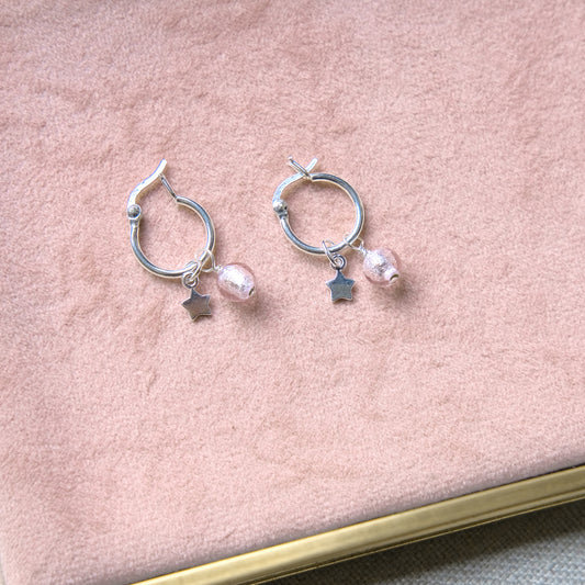 Pink Charm Hoop Earrings - Sterling Silver