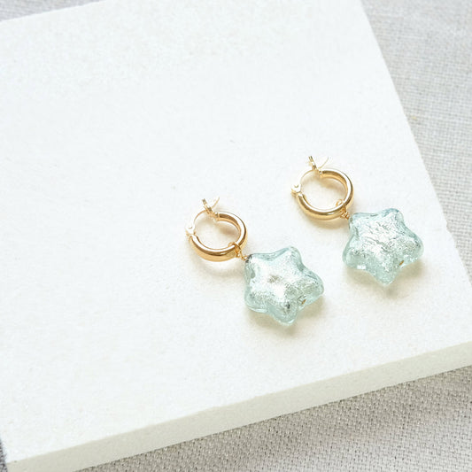 Star Hoop Earrings - Aqua/Gold Plated