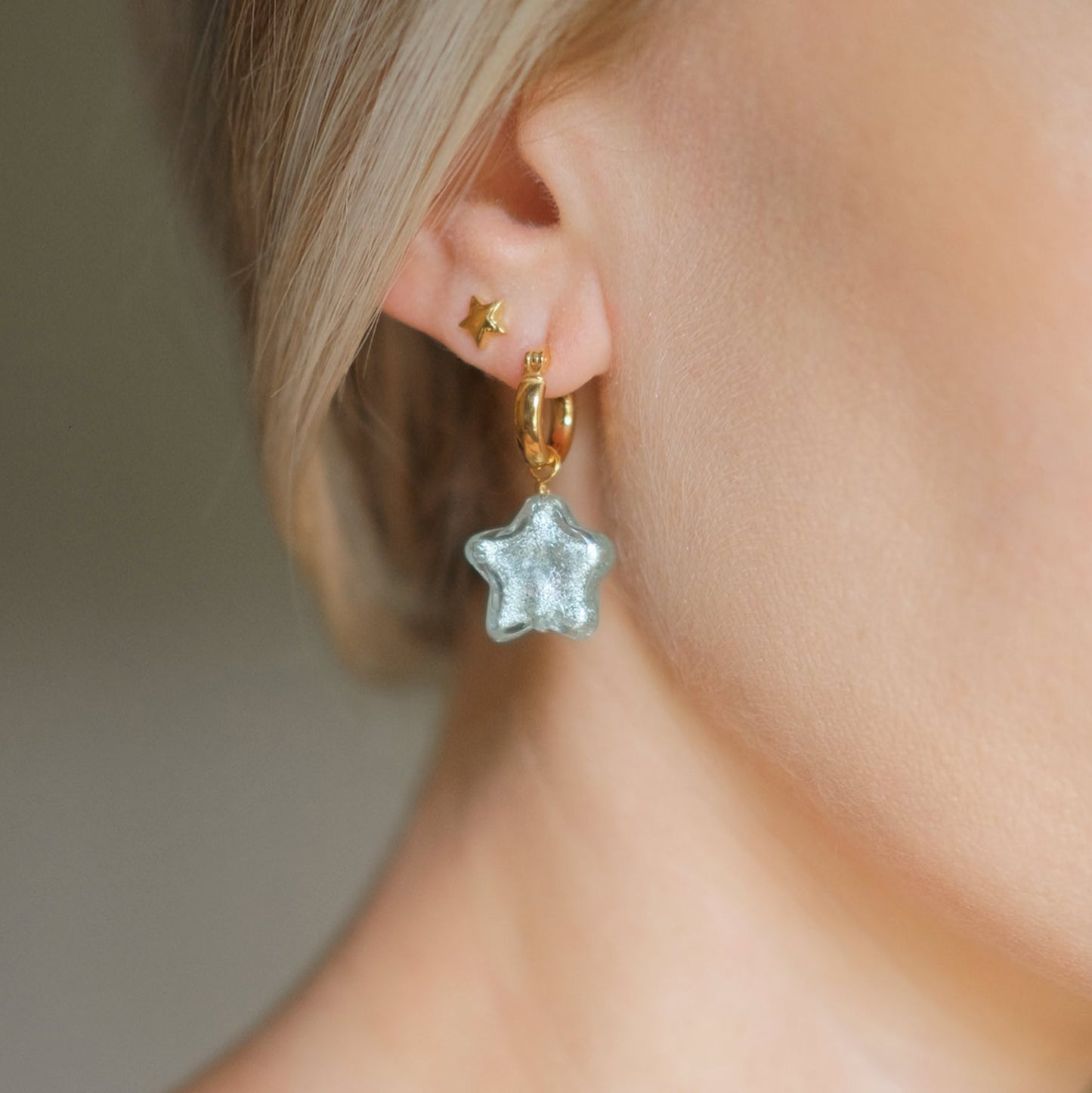Star Hoop Earrings - Aqua/Gold Plated