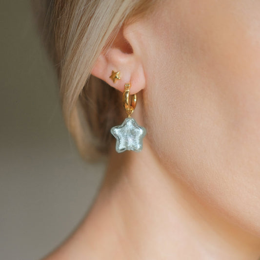 Star Hoop Earrings - Aqua/Gold Plated