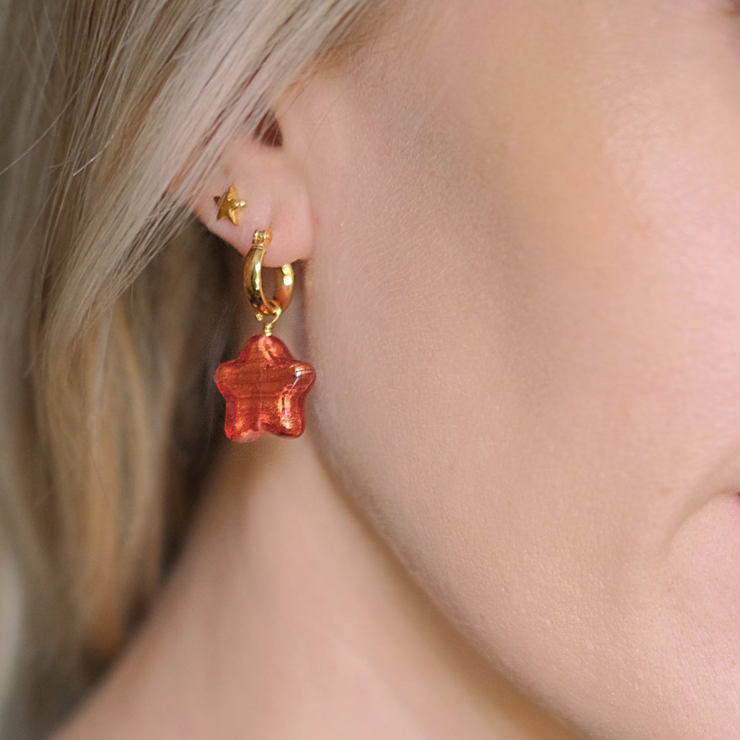 Star Hoop Earrings - Ruby Pink/Gold Plated
