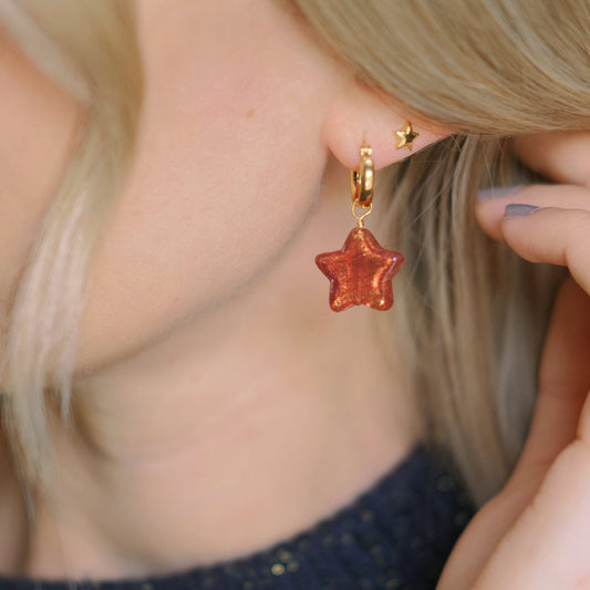 Star Hoop Earrings - Ruby Pink/Gold Plated