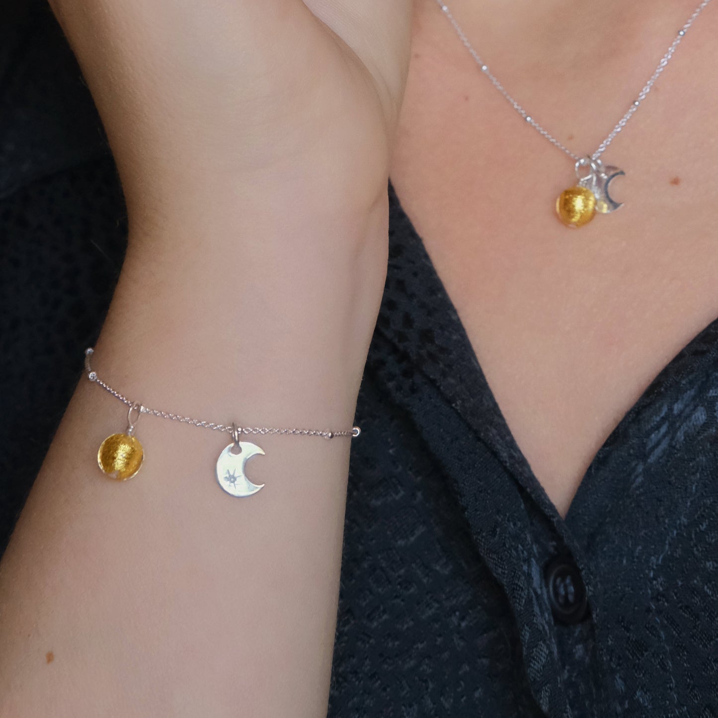 Sun and Moon Pendant Charm Necklace - Sterling Silver