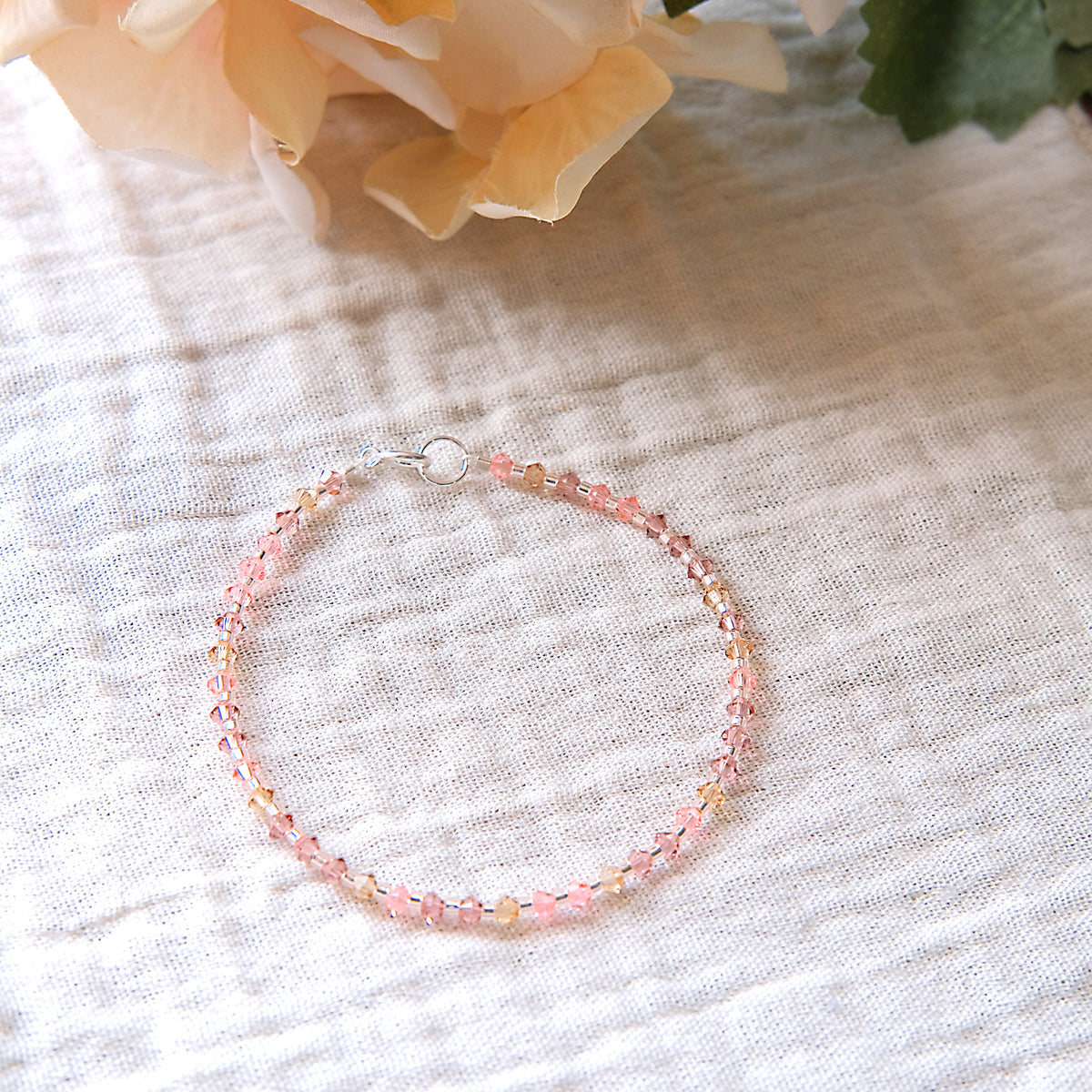 Pink/Amber Swarovski Crystal Bracelet - Sterling Silver