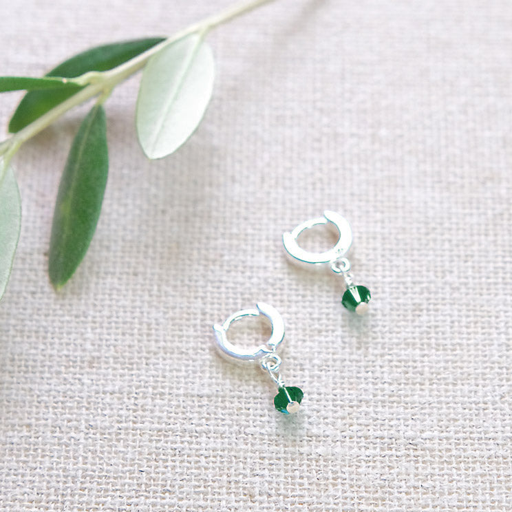Tiny Swarovski Huggie Earrings - Emerald/Gold Plated