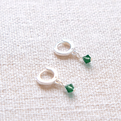 Tiny Swarovski Huggie Earrings - Emerald/Gold Plated