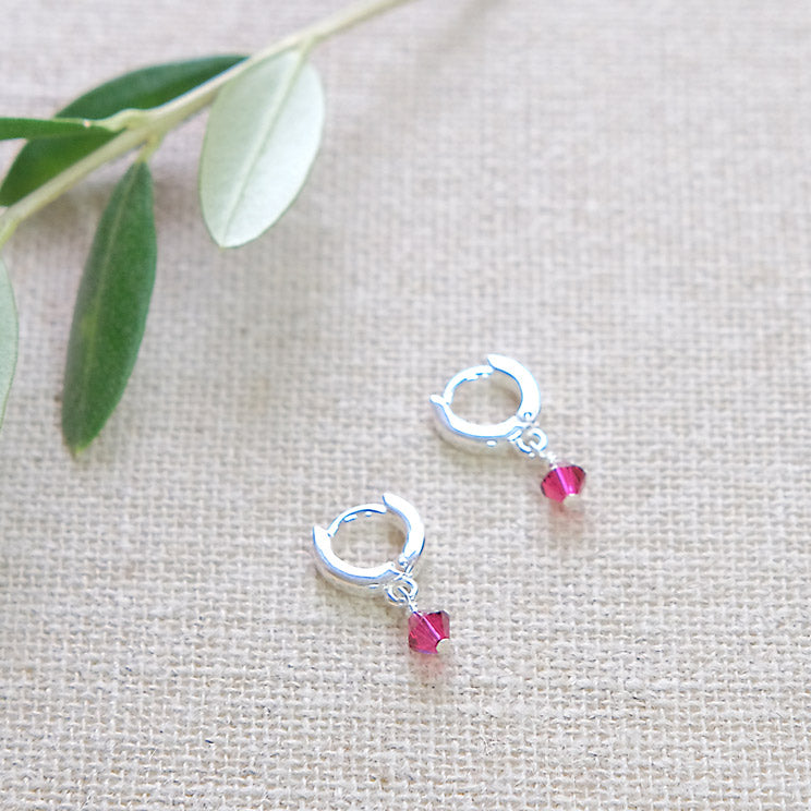 Tiny Swarovski Huggie Earrings - Ruby/Gold Plated