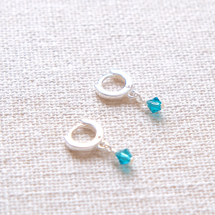 Tiny Swarovski Huggie Earrings - Teal/Silver