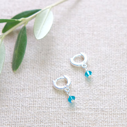 Tiny Swarovski Huggie Earrings - Teal/Silver