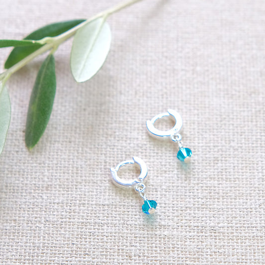 Tiny Swarovski Huggie Earrings - Teal/Silver SSF